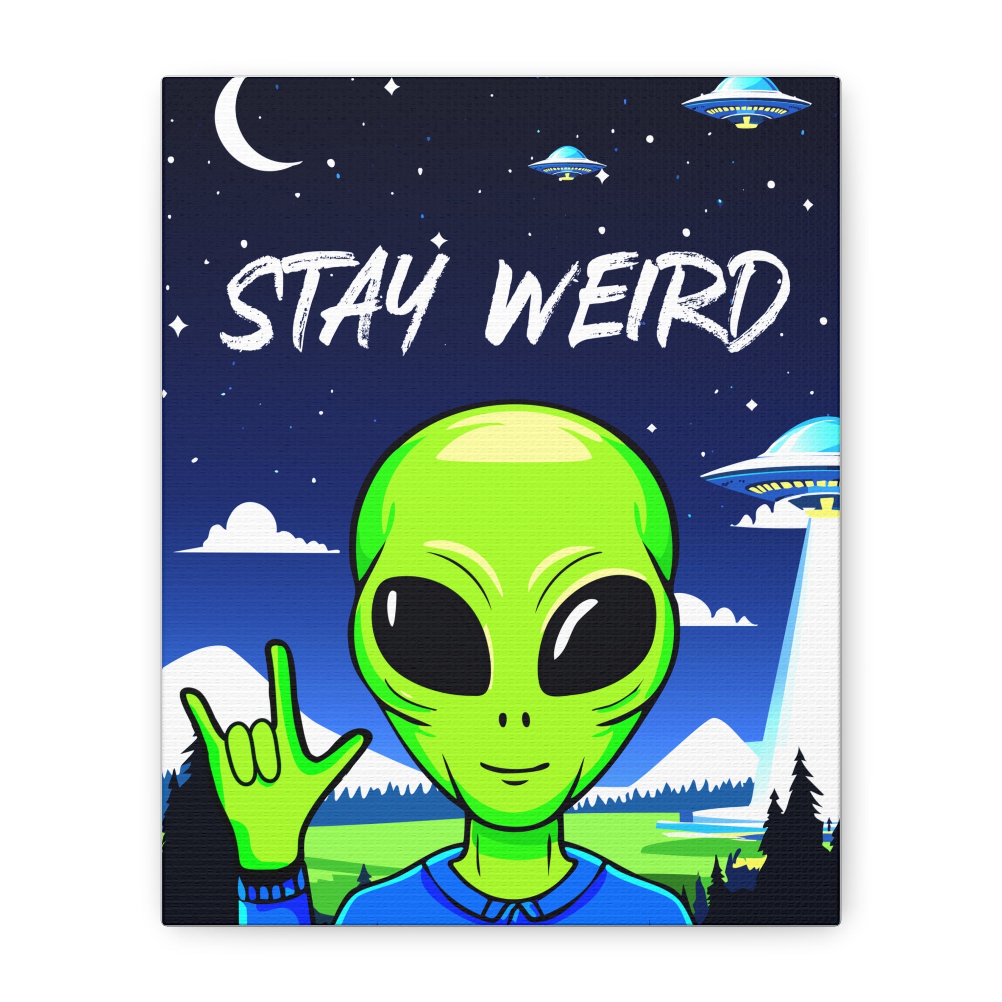 Stay Weird Alien Canvas Wall Art – Quirky Sign Language “I Love You” Art for Living Room, Bedroom, or Office | Unique Space Lover Gift