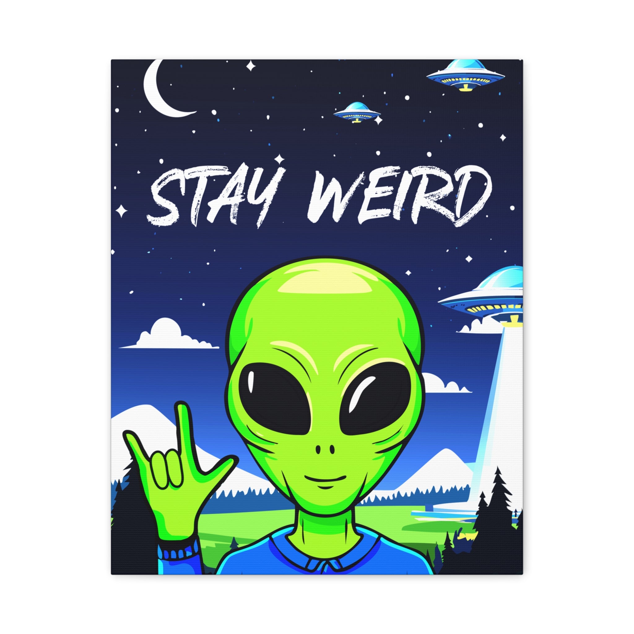 Stay Weird Alien Canvas Wall Art – Quirky Sign Language “I Love You” Art for Living Room, Bedroom, or Office | Unique Space Lover Gift