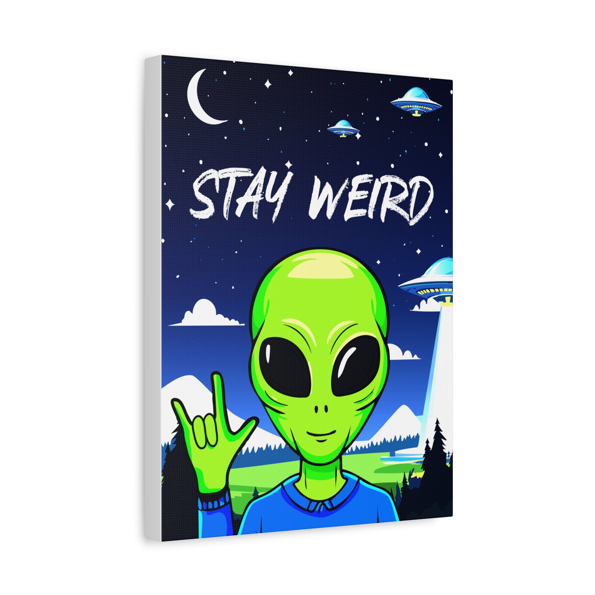 Stay Weird Alien Canvas Wall Art – Quirky Sign Language “I Love You” Art for Living Room, Bedroom, or Office | Unique Space Lover Gift