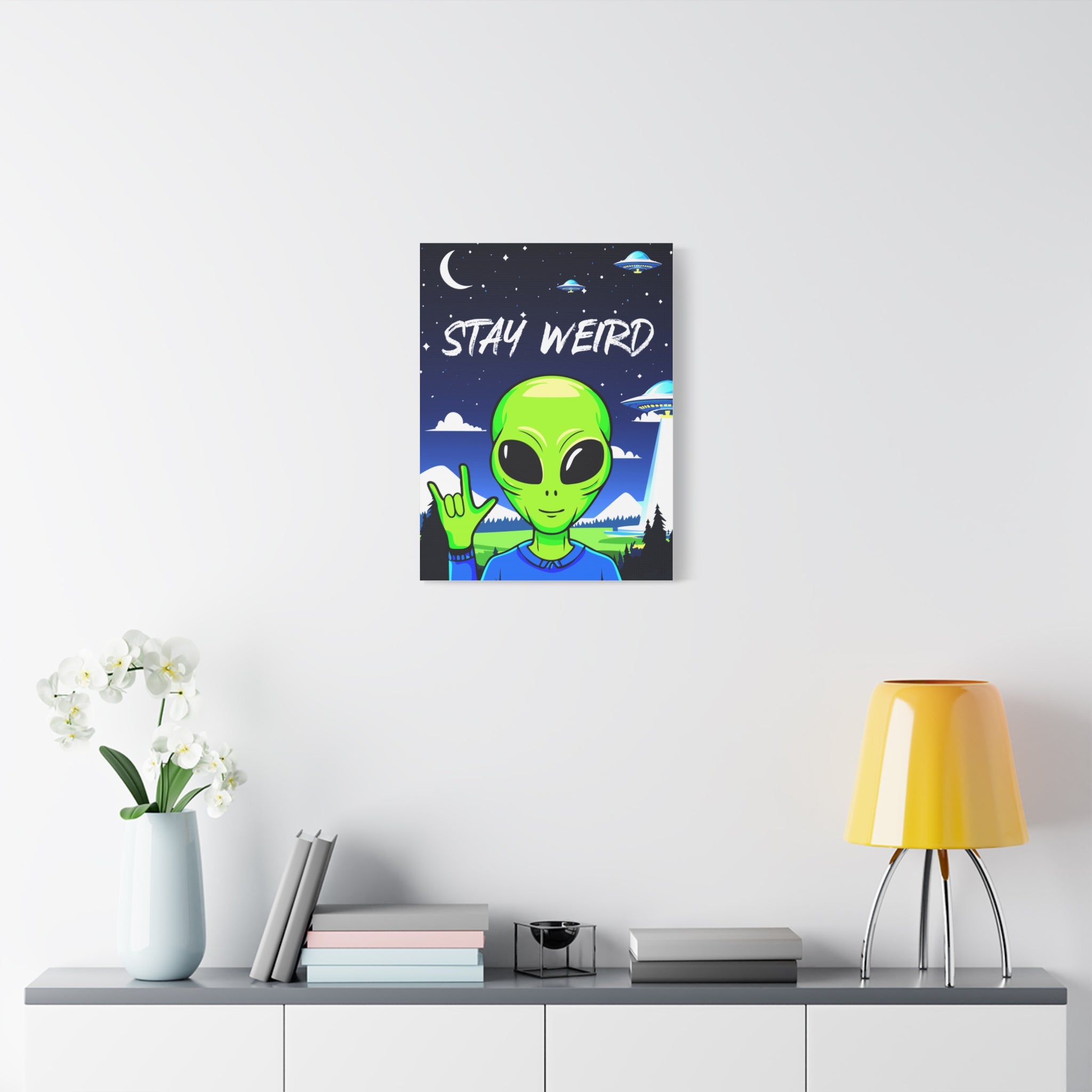 Stay Weird Alien Canvas Wall Art – Quirky Sign Language “I Love You” Art for Living Room, Bedroom, or Office | Unique Space Lover Gift