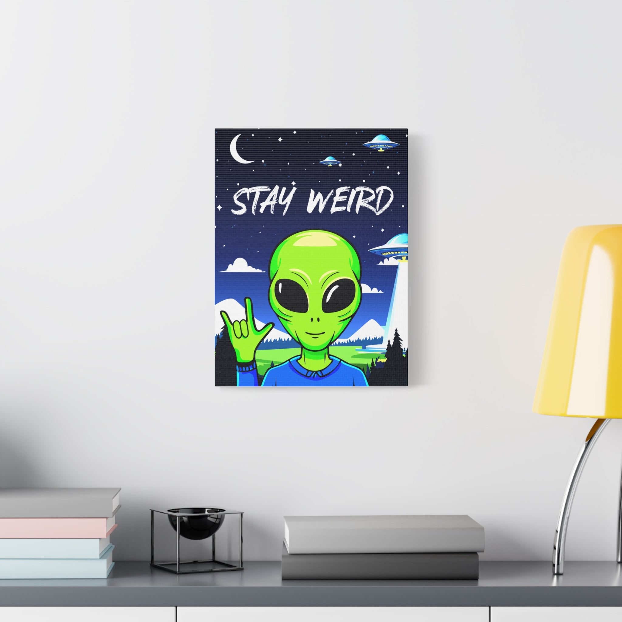 Stay Weird Alien Canvas Wall Art – Quirky Sign Language “I Love You” Art for Living Room, Bedroom, or Office | Unique Space Lover Gift