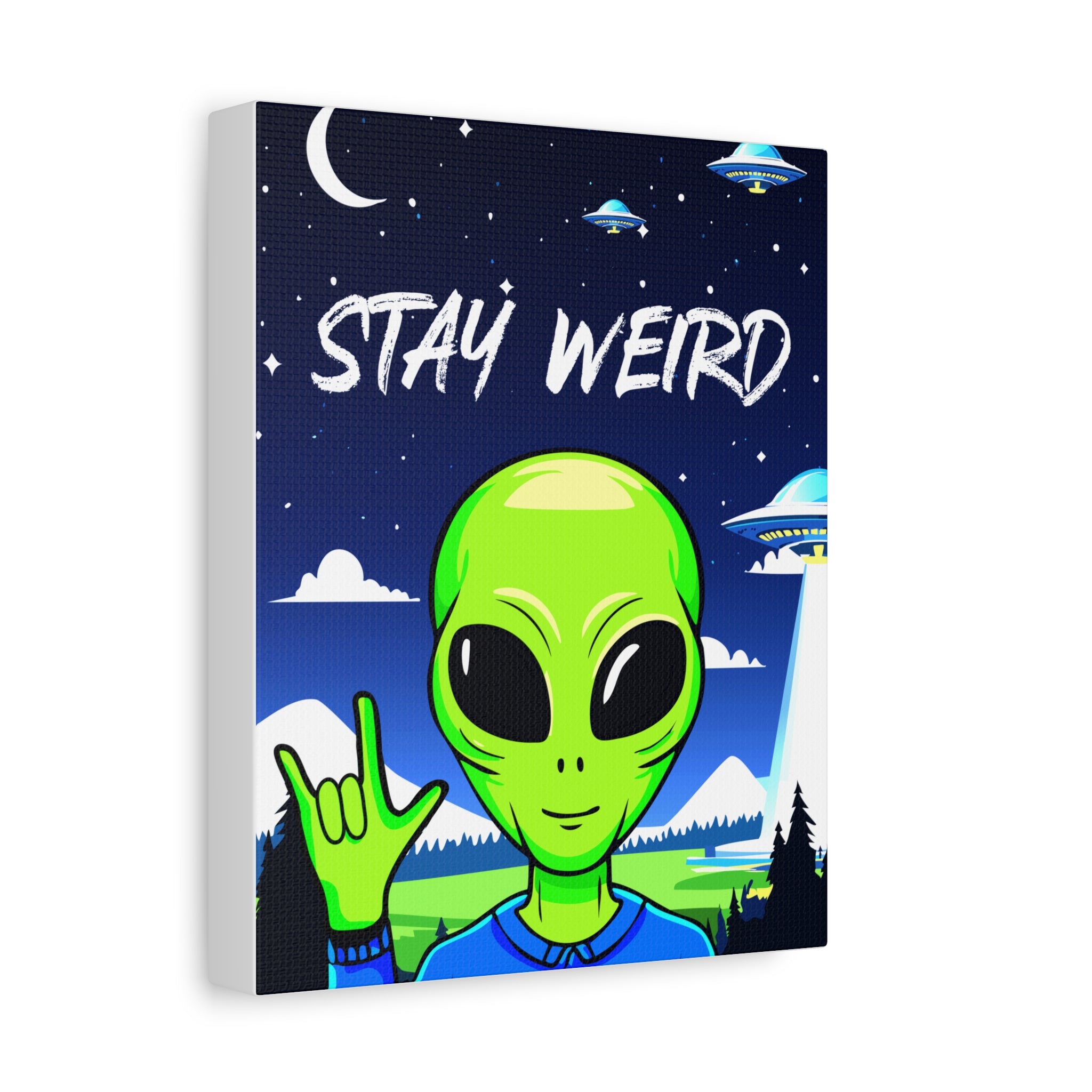 Stay Weird Alien Canvas Wall Art – Quirky Sign Language “I Love You” Art for Living Room, Bedroom, or Office | Unique Space Lover Gift