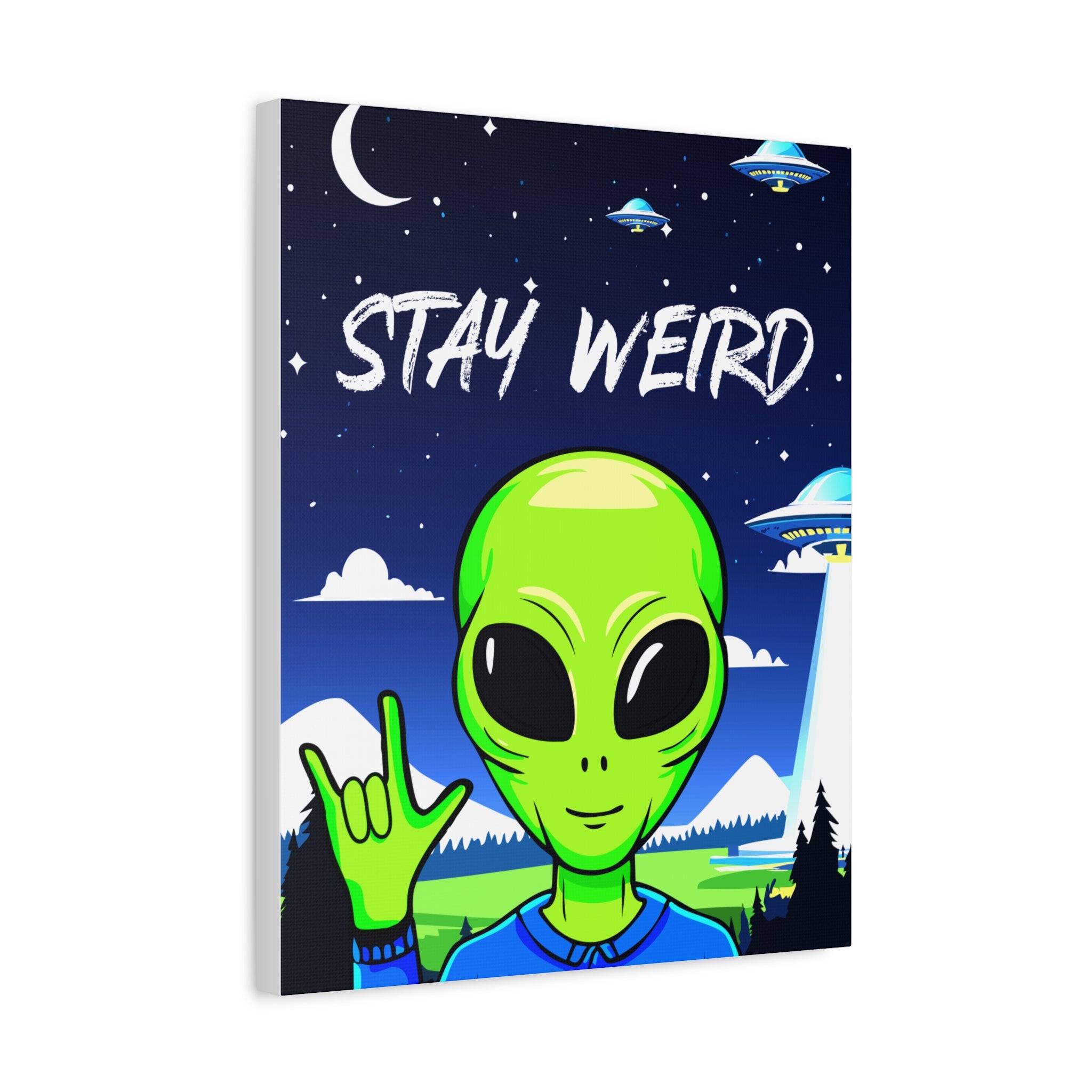 Stay Weird Alien Canvas Wall Art – Quirky Sign Language “I Love You” Art for Living Room, Bedroom, or Office | Unique Space Lover Gift