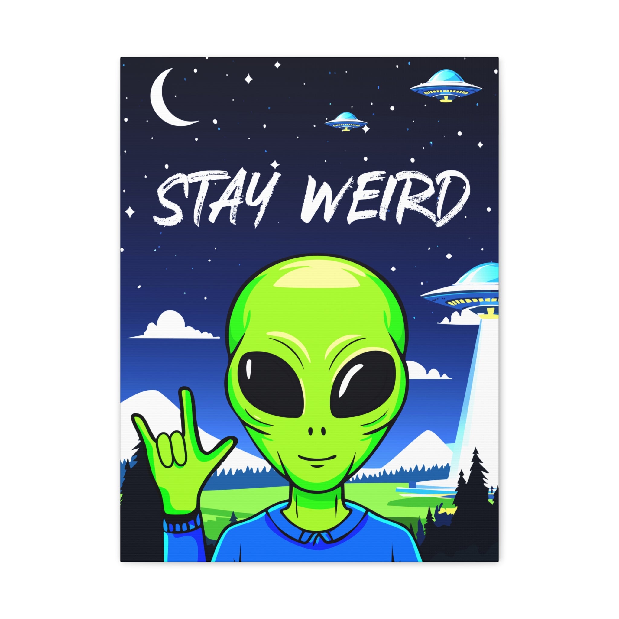 Stay Weird Alien Canvas Wall Art – Quirky Sign Language “I Love You” Art for Living Room, Bedroom, or Office | Unique Space Lover Gift